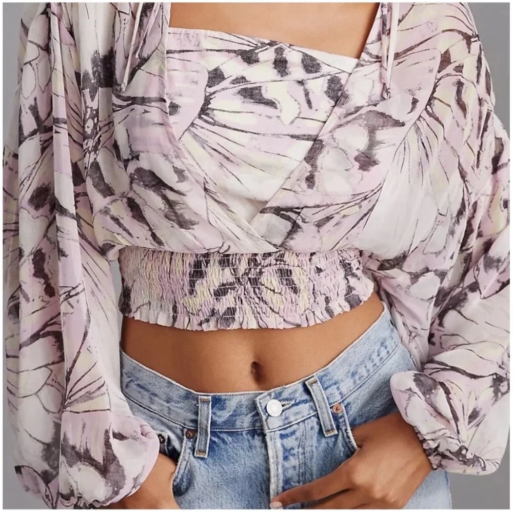 Anthropologie Sheer Cropped Puff Sleeve Abstract Print Top S‎